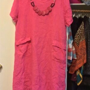 Linen Pink Short Sleeve Dress with Necklace.  Bought in Europe